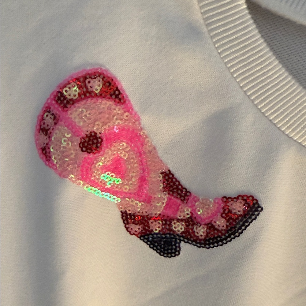 BiBi White Western Valentine Sequin Sweater with Pink Boot Design - Picture 5 of 12
